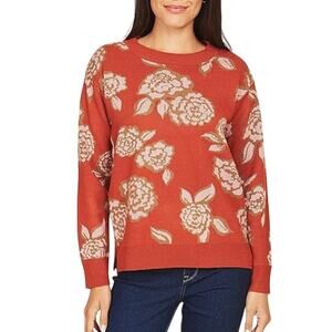 DR2 Floral Knit Crew Neck Sweater Lightweight Pullover Long Sleeve Orange Size L